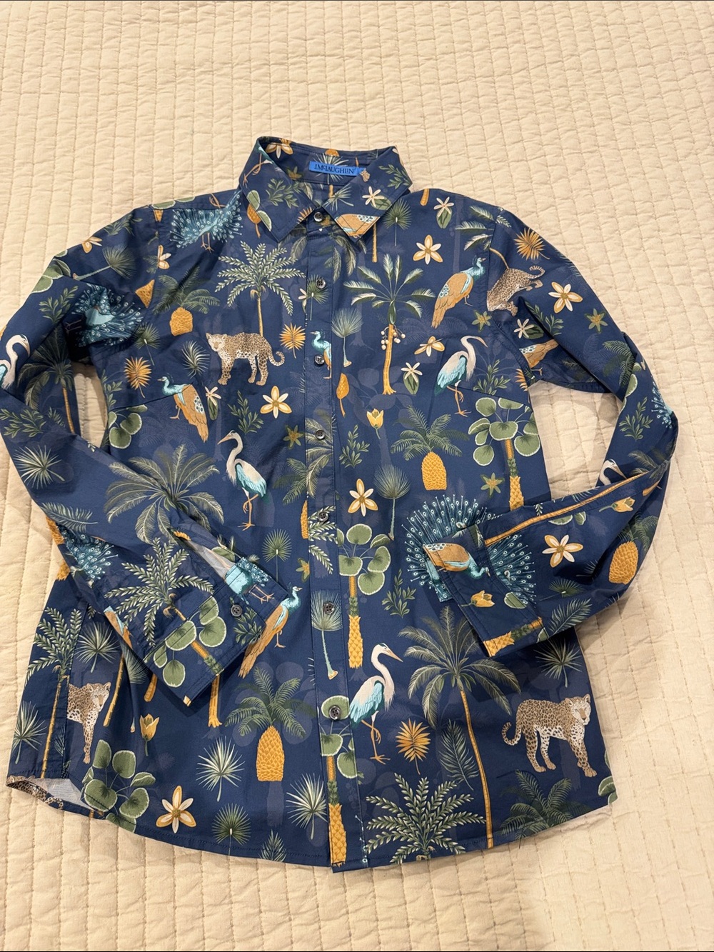 J. McLaughlin Navy Tropical Palm & Exotic Bird Print Shirt